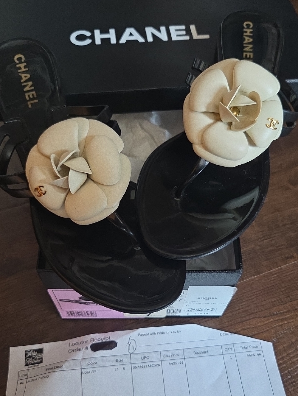 CHANEL Black Jelly Thong Sandals with Beige Camellia